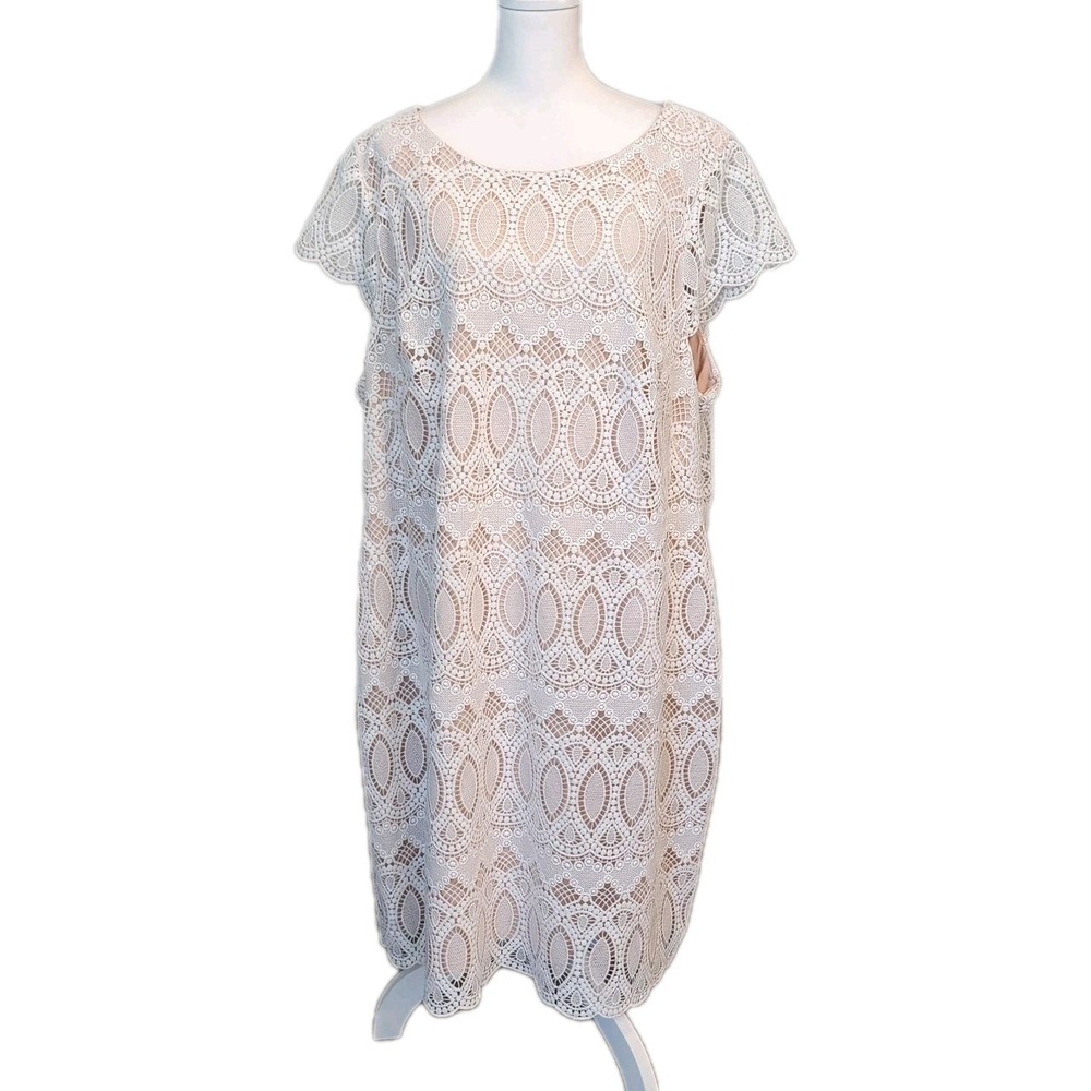 Eliza J Dress Womens 24W Plus Ivory Tan Lace Overlay Scallop‎ Hem Cocktail Party